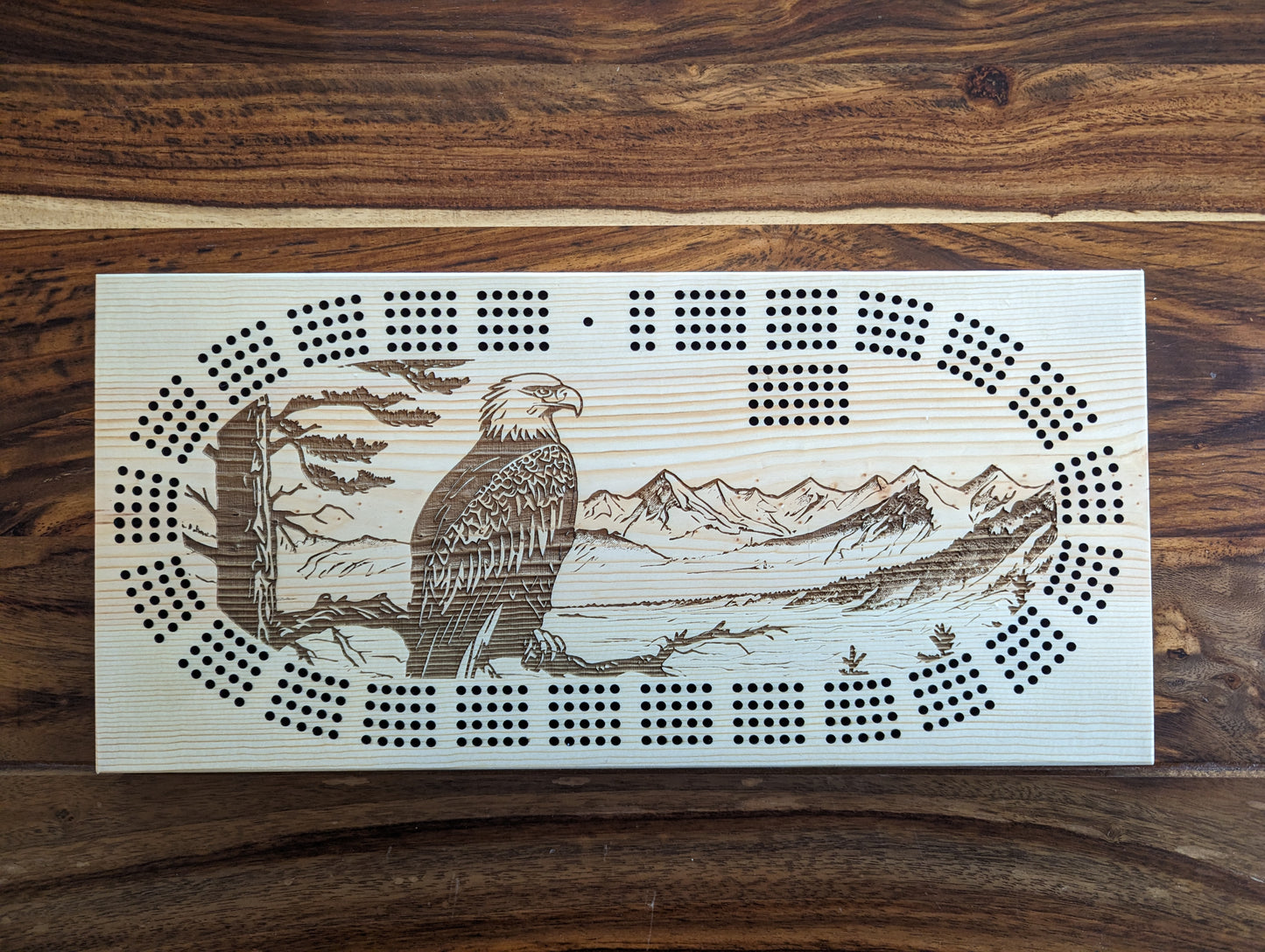 Bald Eagle on a nest overlooking a valley 4 Track Cribbage Board - Laser engraved
