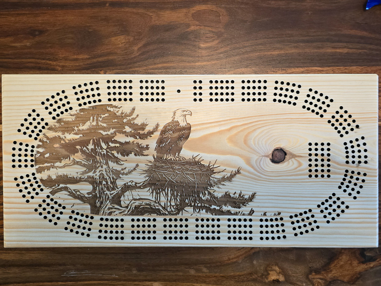 Bald Eagle on a nest 4 Track Cribbage Board - Laser engraved, Free personalization.