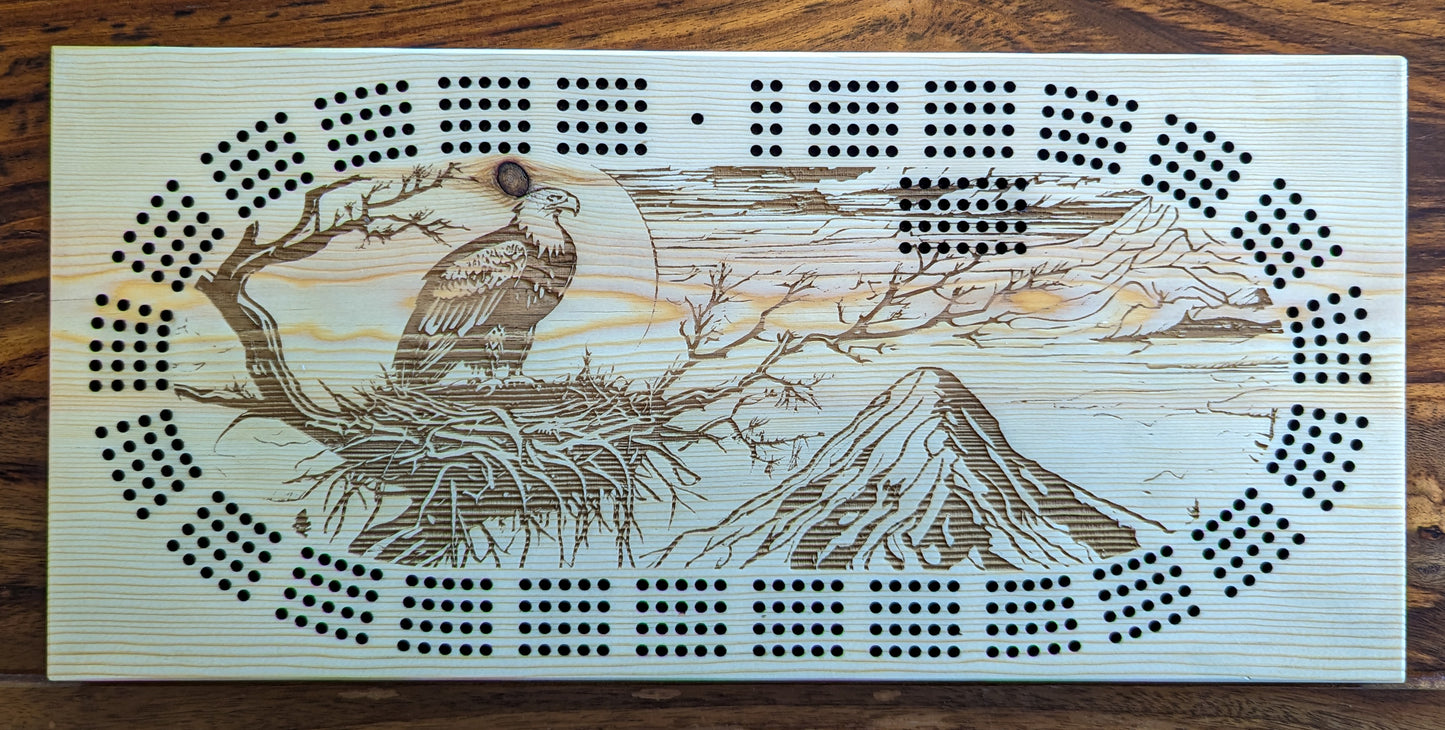 Bald Eagle on a nest overlooking a valley, 4 Track Cribbage Board - Laser engraved