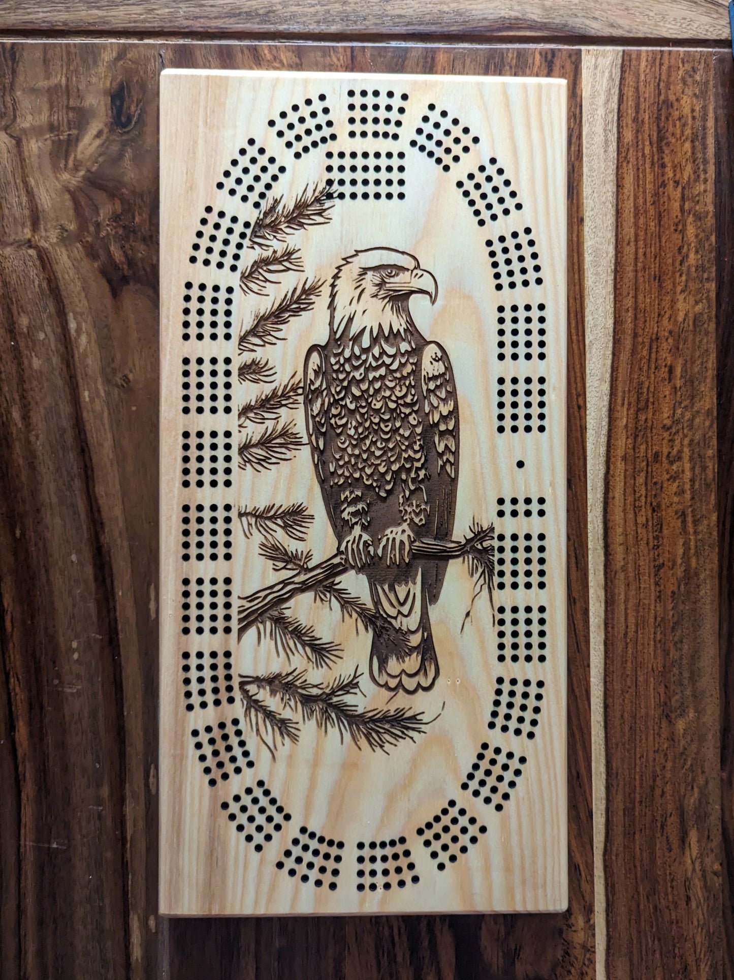 Bald Eagle on a branch 4 Track Cribbage Board - Laser engraved
