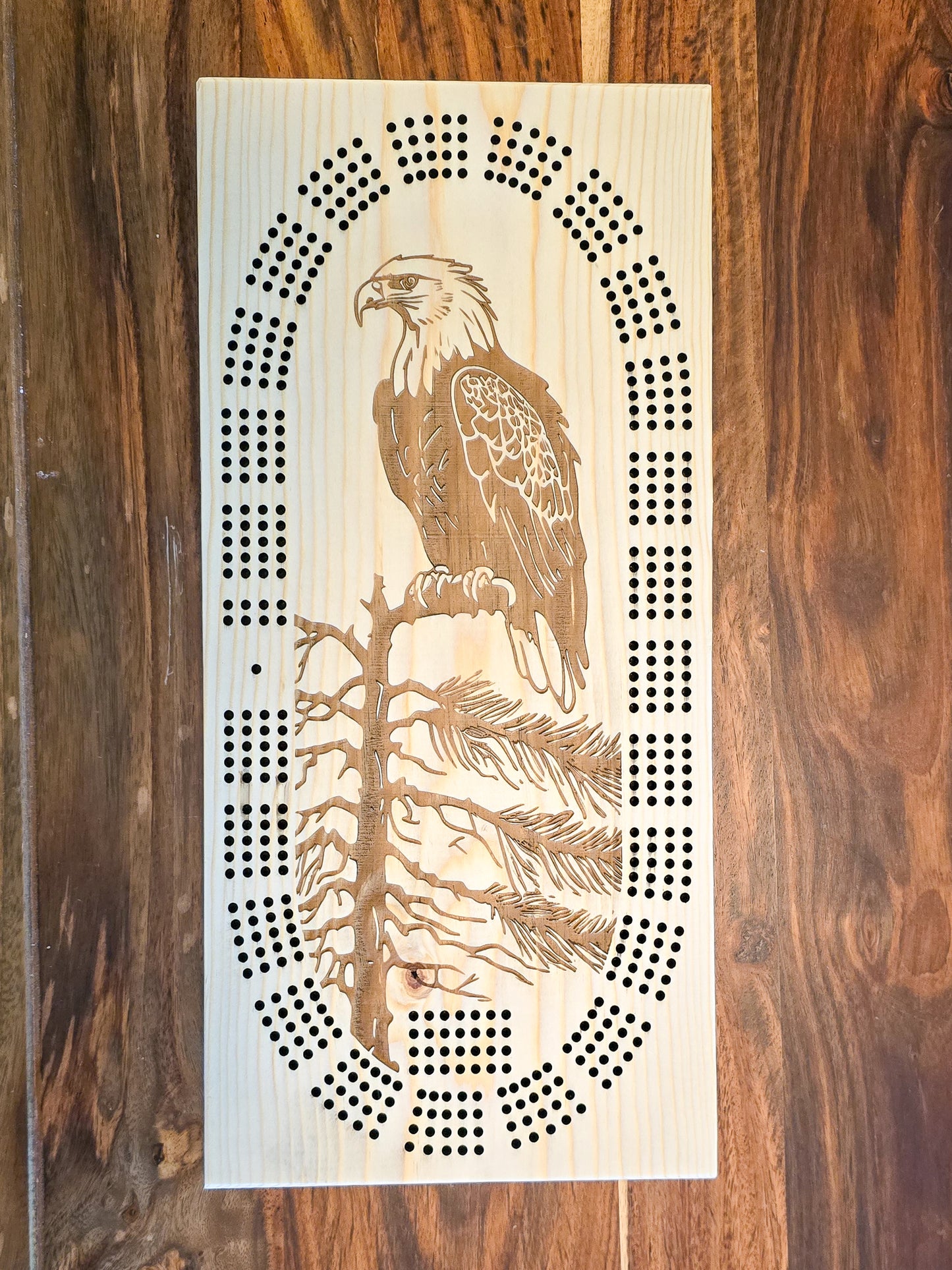 Bald Eagle on a branch 4 Track Cribbage Board - Laser engraved