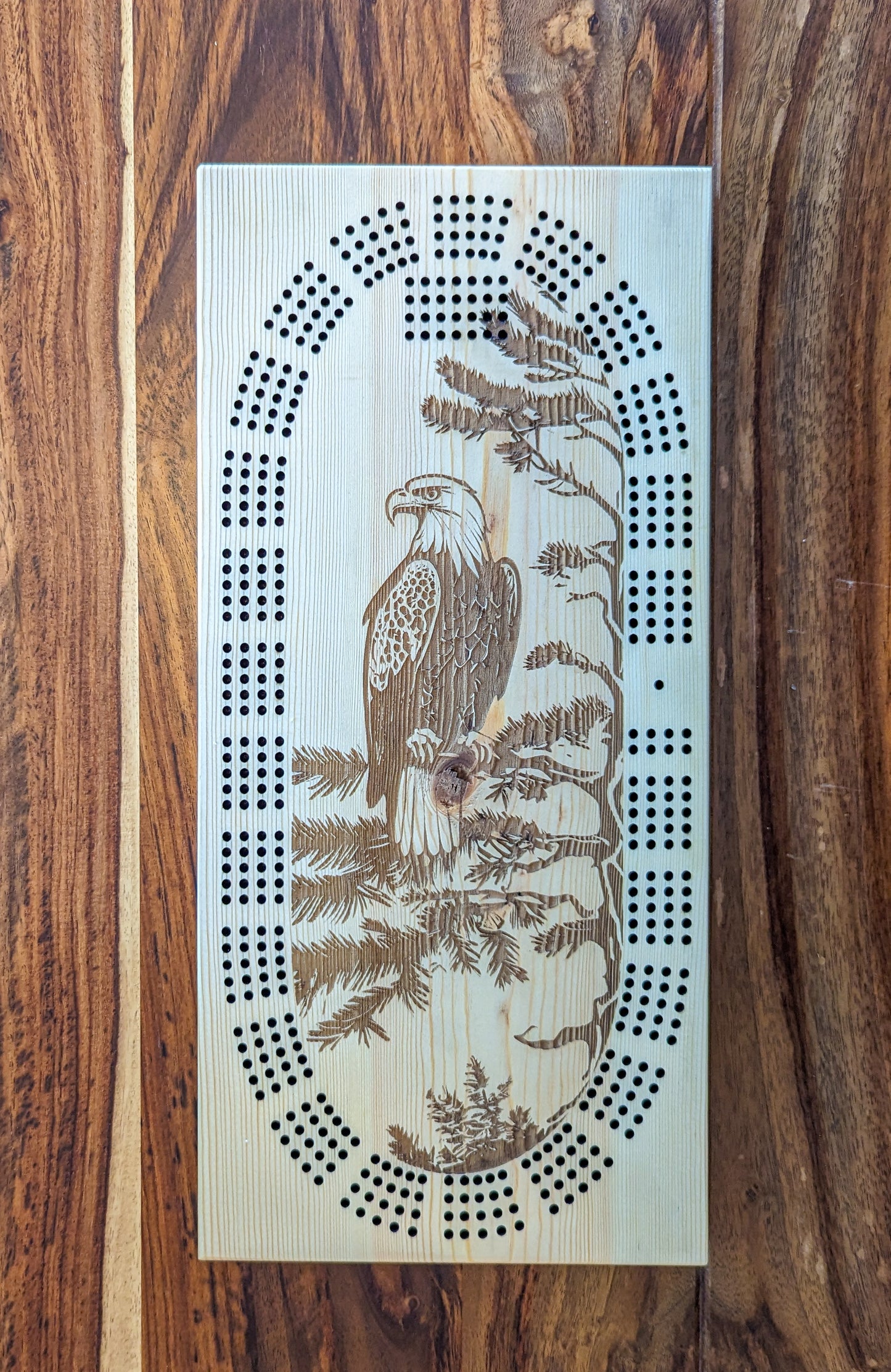 Bald Eagle on a branch 4 Track Cribbage Board - Laser engraved