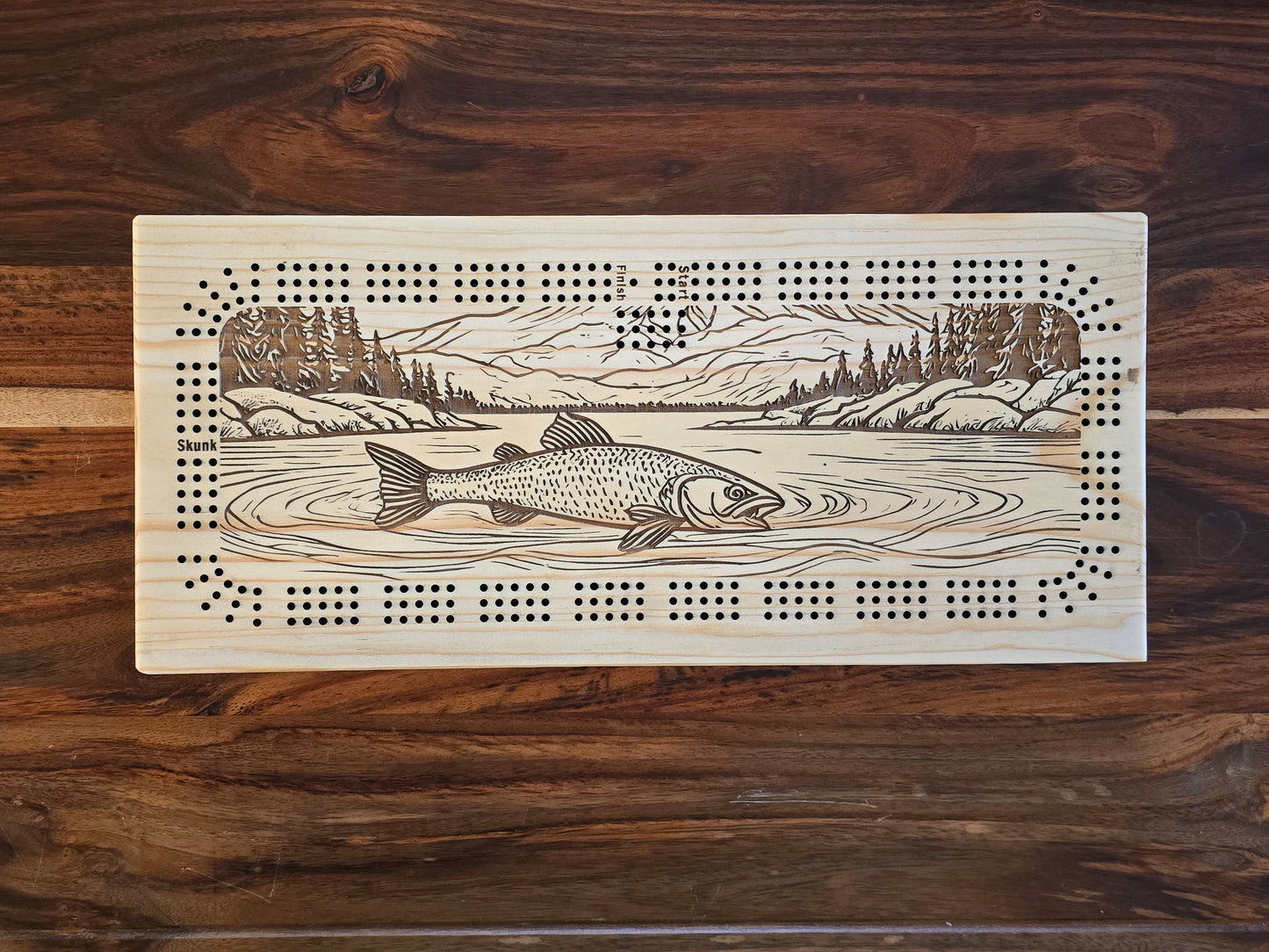 A Fish swimming in a river, 3 Track Cribbage Board - Laser engraved