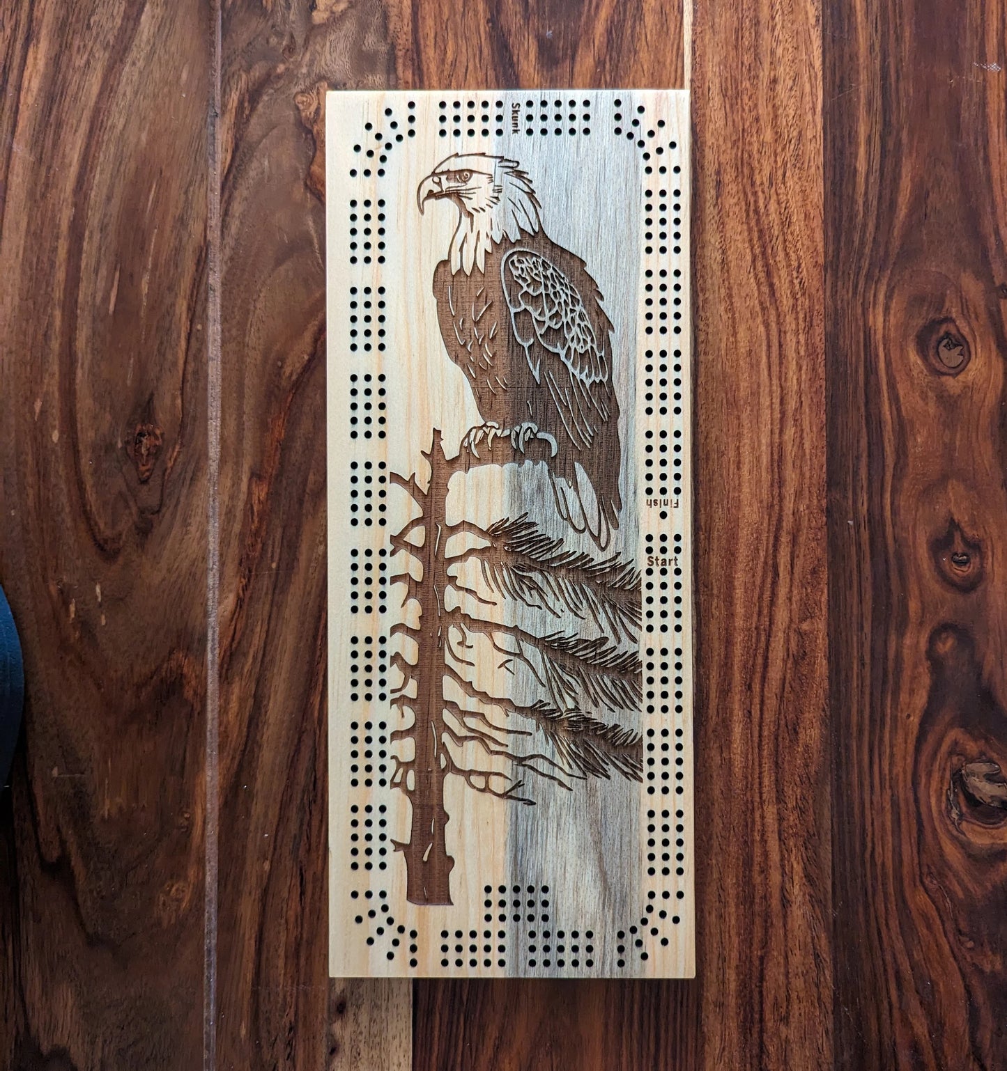 Bald Eagle on a tree branch 3 Track Cribbage Board - Laser engraved