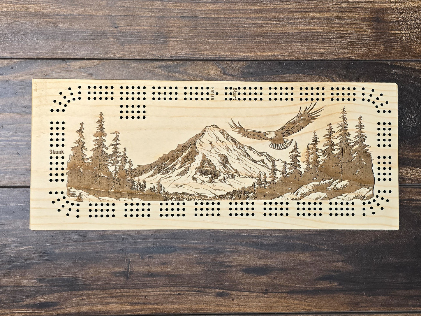 Bald Eagle flying over a valley, 3 Track Cribbage Board - Laser engraved
