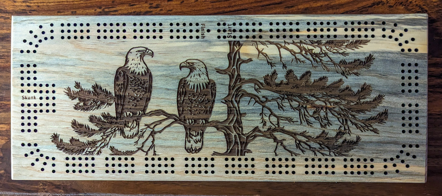 2 Bald Eagles sitting on a branch, 3 Track Cribbage Board - Laser engraved