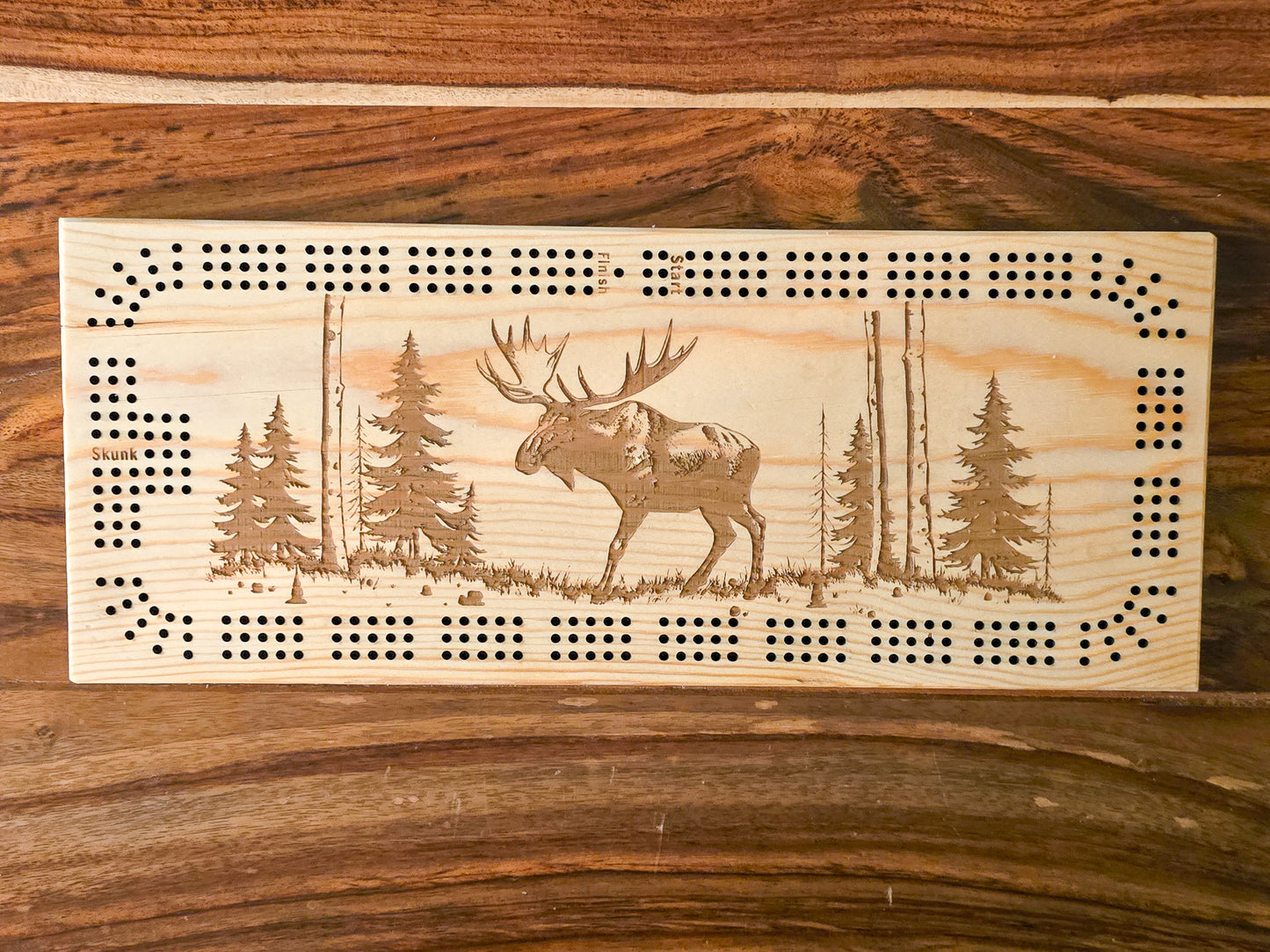 Moose walking in trees, 3 Track Cribbage Board