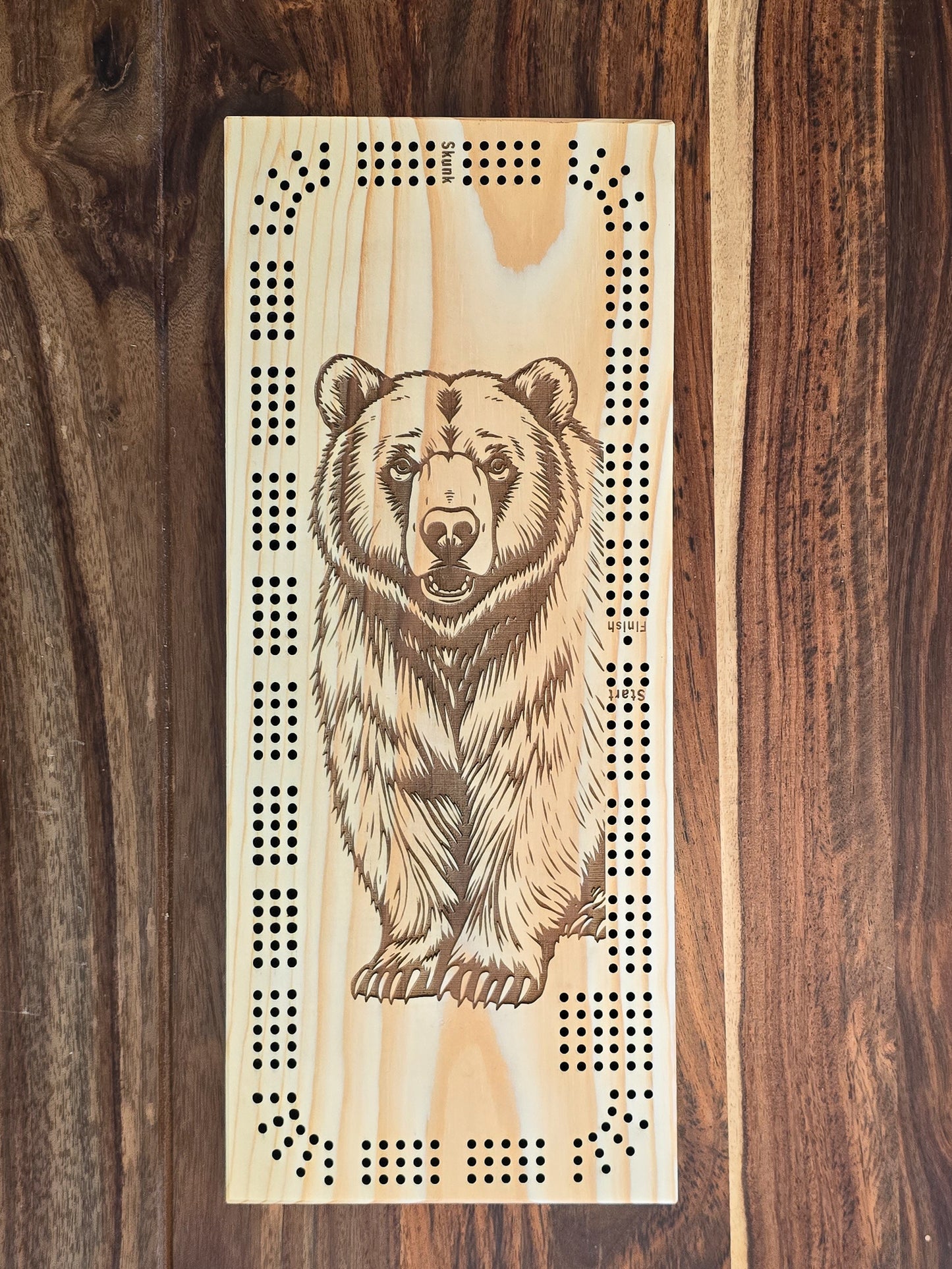 Bear walking through a valley, 3 Track Cribbage Board - Laser engraved