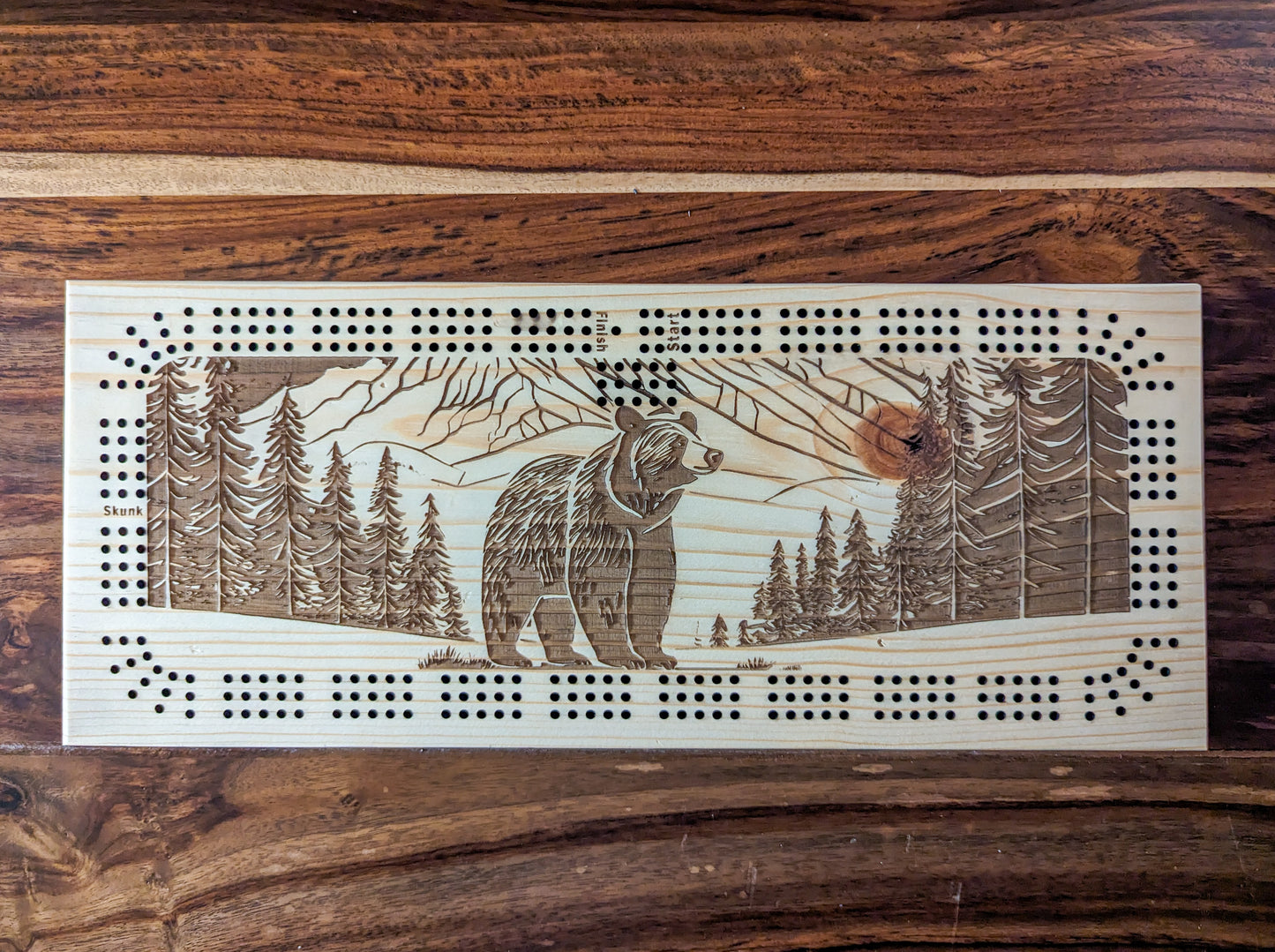 Bear walking through a valley with trees 3 Track Cribbage Board