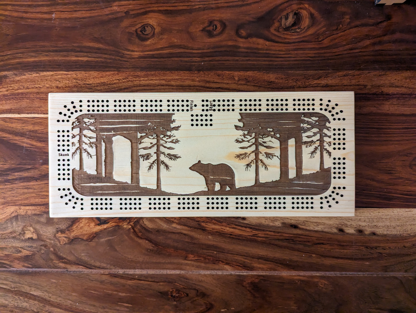 Bear in trees 3 Track Cribbage Board - Laser engraved