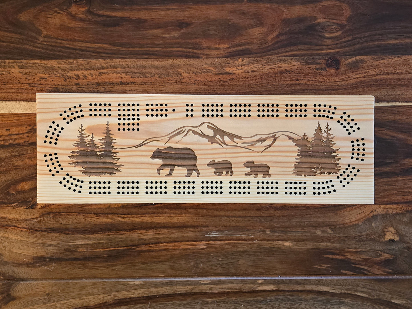 Bear 3 Track Cribbage Board - Laser engraved