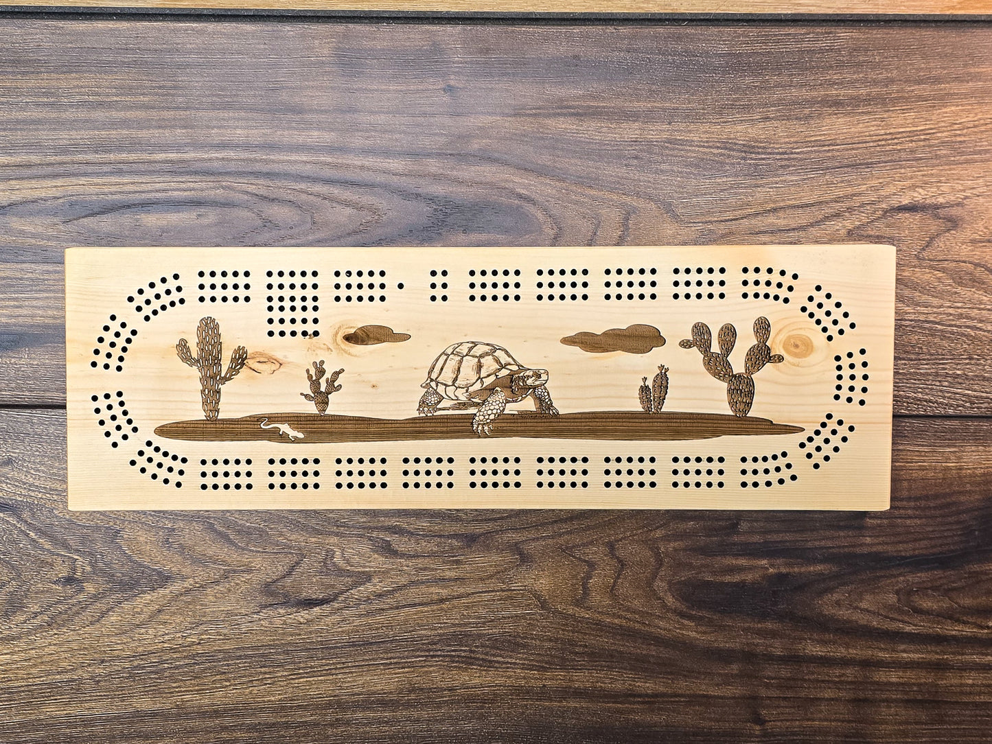 Desert tortoise with cactus, 3 Track Cribbage Board