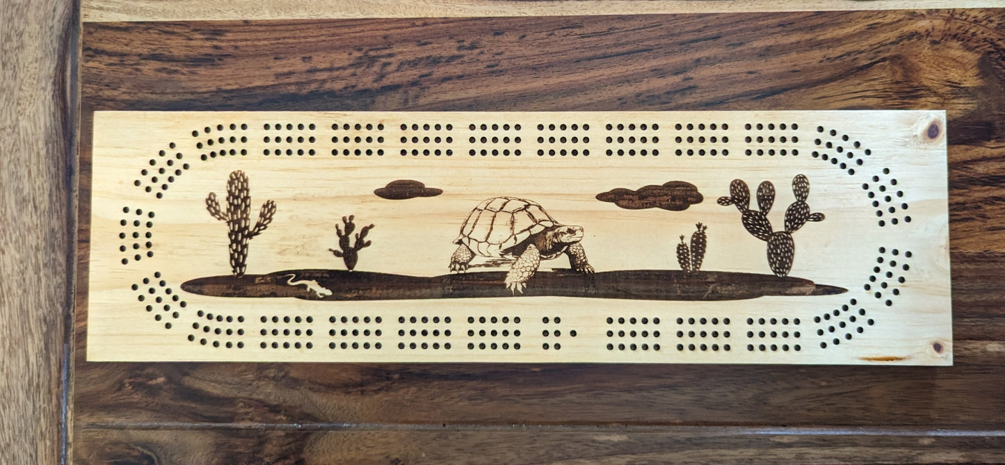 Desert tortoise with cactus, 3 Track Cribbage Board