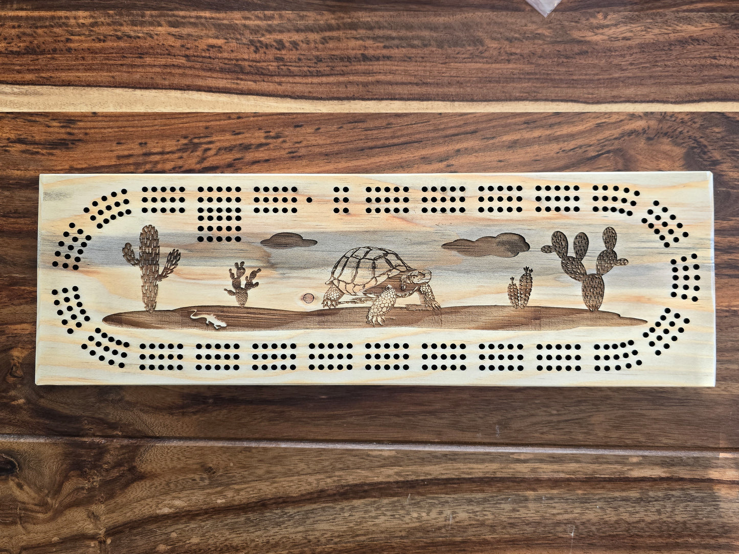 Desert tortoise with cactus, 3 Track Cribbage Board