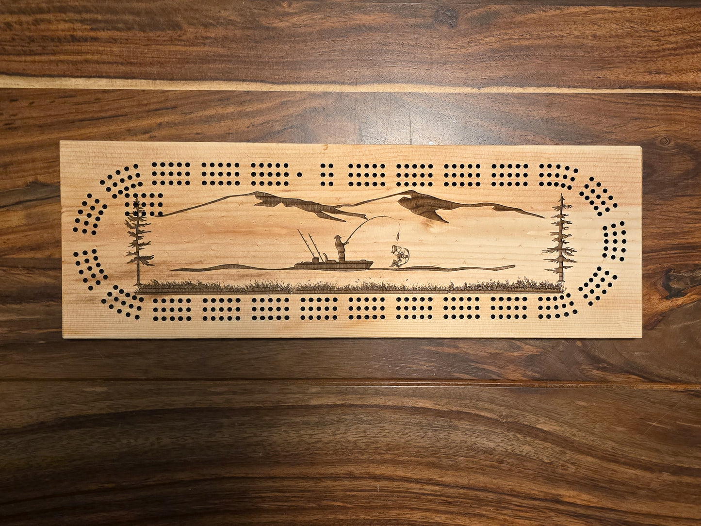 Kayaker fishing on a lake, 3 Track Cribbage Board