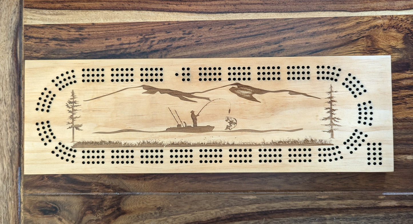 Kayaker fishing on a lake, 3 Track Cribbage Board